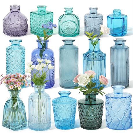 Set of 15 Blue Colored Glass Bud Vases - Small Textured Flower Vases for