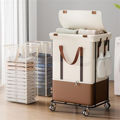 Double Laundry Hamper with Lid, Rolling Laundry Basket with Wheels and 2