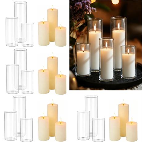 24 PCS White Pillar Candles with Glass Candle Holders Clear Hurricane Candle