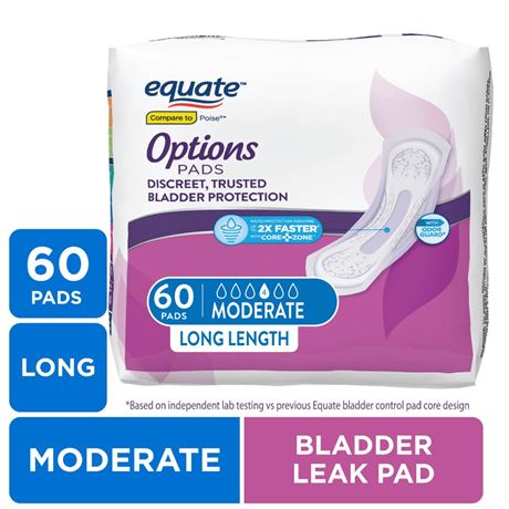 Equate Options Women's Incontinence Pads, Moderate Absorbency, Long Length, 60