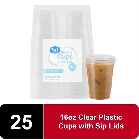 Great Value Disposable Plastic Cups and Lids, Clear, 16 oz, 25 Count, (Cup and