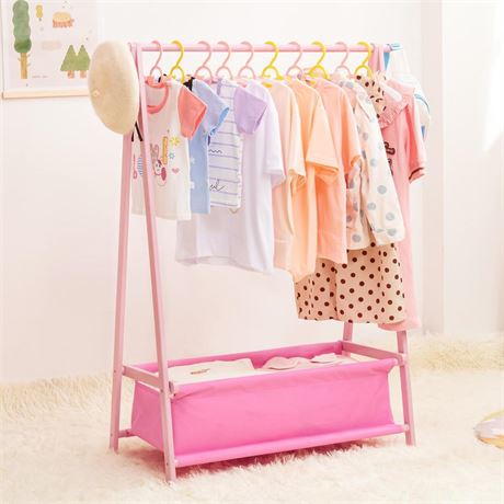 Kids Clothing Rack with Storage Box, Dress up Rack, Child Garment Rack with