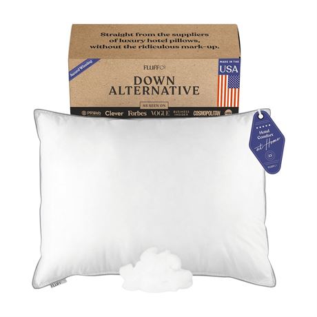 FluffCo White Down Alternative Pillow, 300 Thread Count, 100% Cotton Cover
