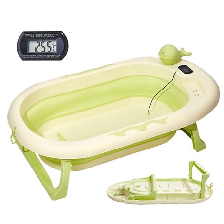 Collapsible Baby Bathtub with Thermometer - Infant Bathtub with Drainage Hole -