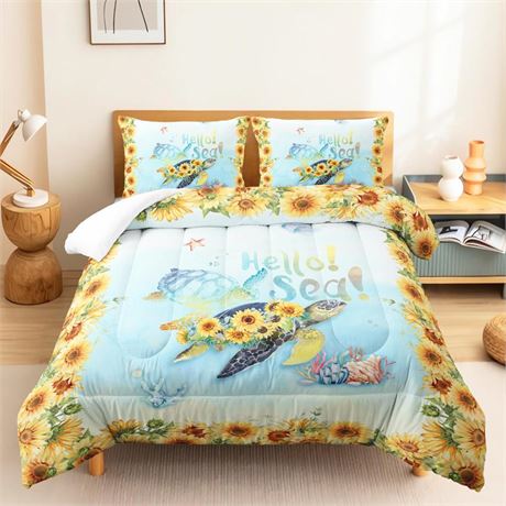 CVHOUSE Sea Turtle Comforter Set Twin Size,Ocean Turtle Sunflower Bedding Set