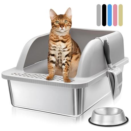 Stainless Steel Litter Box with Lid, 24'' x 16'' x 12'' Metal Cat Litter Box,