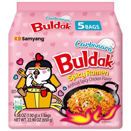Buldak Samyang Spicy Chicken Noodle Carbonara Flavor Ramen, 4.58 oz, 5 Pack