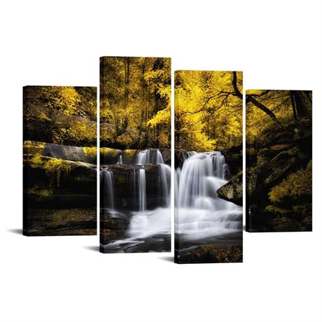 LevvArts 4 Pieces Fall Wall Art Yellow Tree Forest Waterfall Picture Canvas