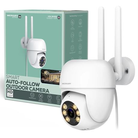 Merkury Smart Outdoor Auto-Follow Camera, Wi-Fi PTZ Cam, 1080p HD White