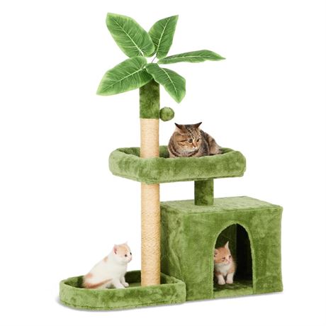 31.5" Cat Tree/Tower for Indoor Cats with Green Leaves, Cat Condo Cozy Plush