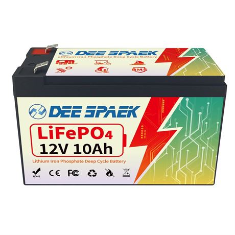 DEESPAEK 12V 10Ah LiFePO4 Battery, Rechargeable Deep Cycle Lithium Batteries