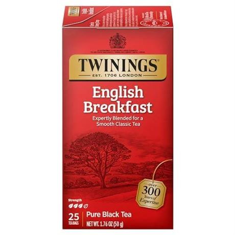 Twinings English Breakfast 25 Individually Wrapped Tea Bags, Caffeinated,