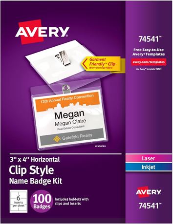 Avery Customizable Name Badges with Clips, 3" x 4", Clear Name Tag Holders with