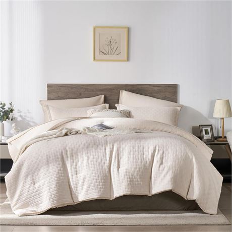 KAKIJUMN Beige Comforter Set Queen Size, 7 Piece Bed in a Bag Waffle Weave