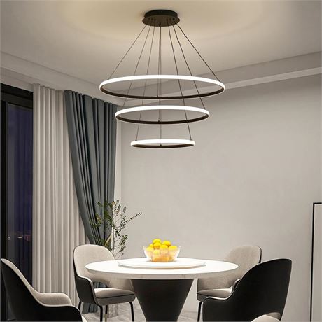 Modern LED Pendant Light，3-Ring Dimmable Modern LED Chandelier, Black Pendant