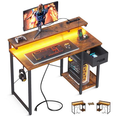 AODK Gaming Desk with LED Lights & Power Outlet, 40 Inch Computer Desk with