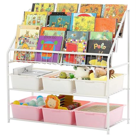 Large Kids Bookshelf With 6 Storage Box,5 Tier Metal Kids Bookcases Children's