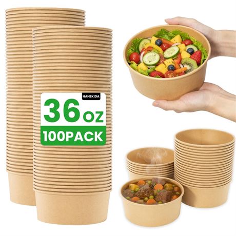 100 Count 36 oz Disposable Paper Bowls (NO LIDS), Soup Bowls Disposable Salad