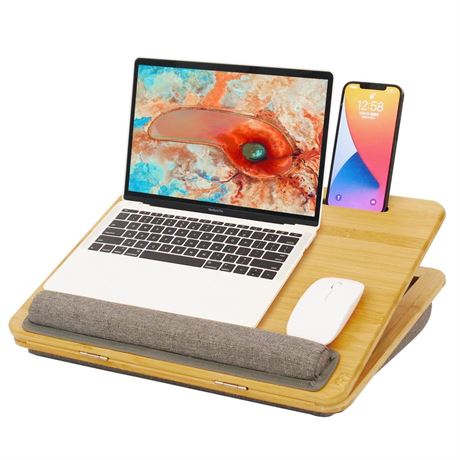 Lap Desk,Bamboo Laptop Tray - Ergonomic Design with Cushion. Adjustable Tilt