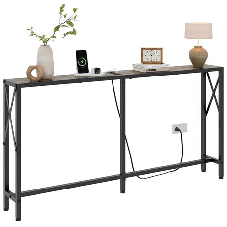 Gewudraw Sofa Table with Oulets and USB Ports, 55.1" Couch Table Behind Sofa,