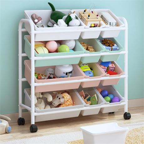 Kids Toy Storage Organizer with 12 Plastic Bins, 4-Tier Metal Toy Storage Rack,