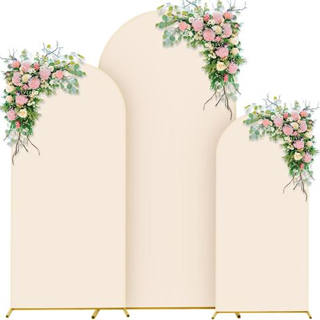 3 Sets Gold Metal Wedding Arch Arched Backdrop Stand and 3 Pcs Arch Cover