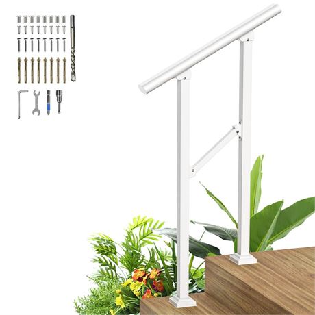 2 Steps Handrails for Outdoor Steps,Heavy Duty Metal Handrail,White Wrought