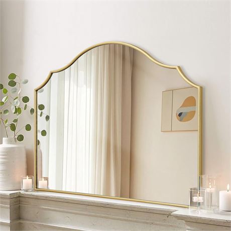 Besdomus Gold Scalloped Mirror for Dresser: 35"x26" Modern Wooden Mantel Mirror