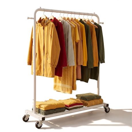Sywhitta Clothing Rack on Wheels with Mesh Storage Shelf & Sturdy Metal Frame,
