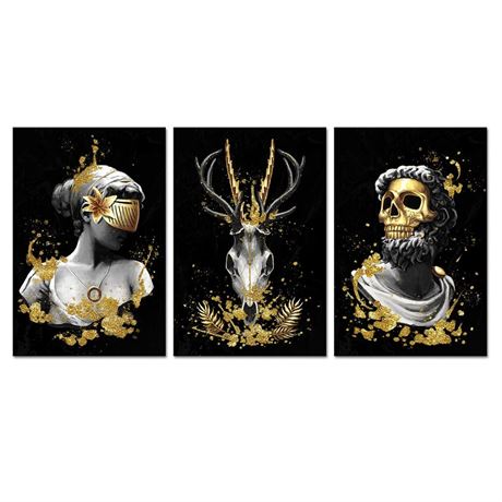 Derkymo 3 Piece Vintage Human Skull Canvas Wall Art Black and White Deer Head