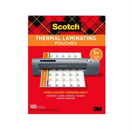 Scotch Thermal Laminating Pouches  100 Count  8.5  X 11   3 Mil Thick