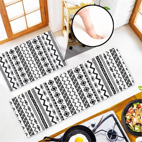 Black and White Aztec Boho Cushioned Anti Fatigue Kitchen Floor Rugs and Mats