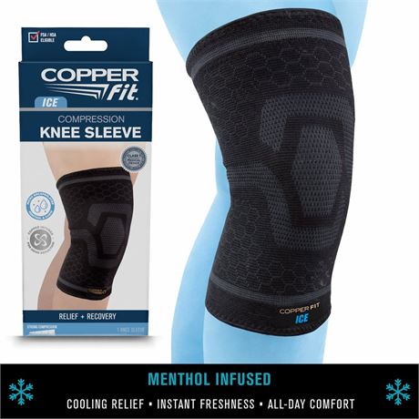 Copper Fit® ICE Compression Knee Sleeve, Menthol Infused, Large/XL, Black,