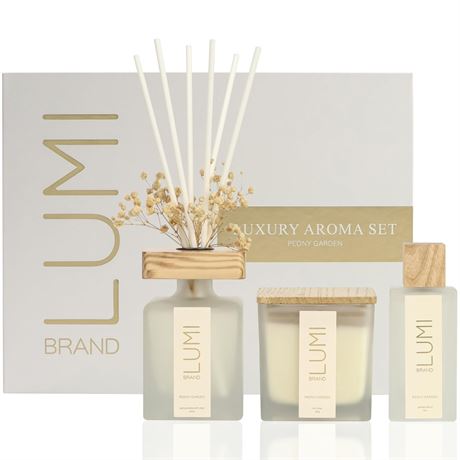 Luxury Aroma Gift Set | Peony Garden - Reed Diffuser (200ml), Wood Wick Soy