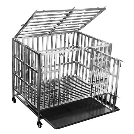 Dog Crate with Removable Tray, 37" Stainless Steel Dog Kennel Cage for Large