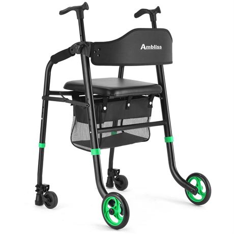 Lightweight 2 Wheel Walker with Seat for Seniors, Foldable Front Wheeled