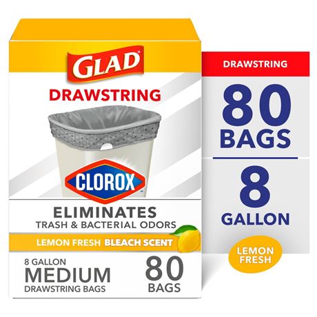 Glad Medium Drawstring Trash Bags, 8 Gallon, Lemon Fresh Bleach Garbage Bags,