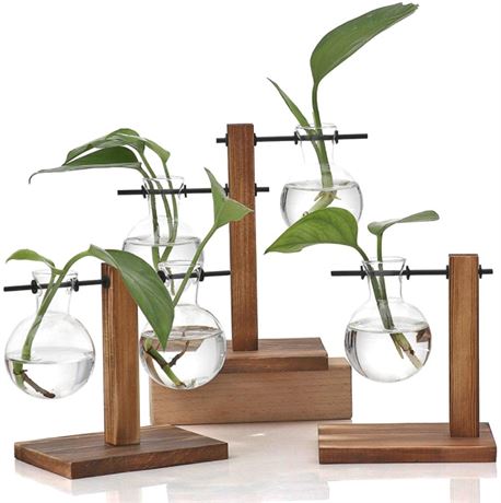 WUWEOT 3 Pack Bulb Vase, Desktop Plant Terrarium with Retro Wooden Stand, Air