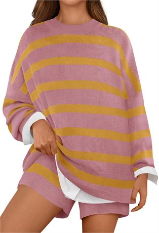 MEROKEETY Women's 2 Piece Sweater Lounge Sets Striped Long Sleeve Shorts