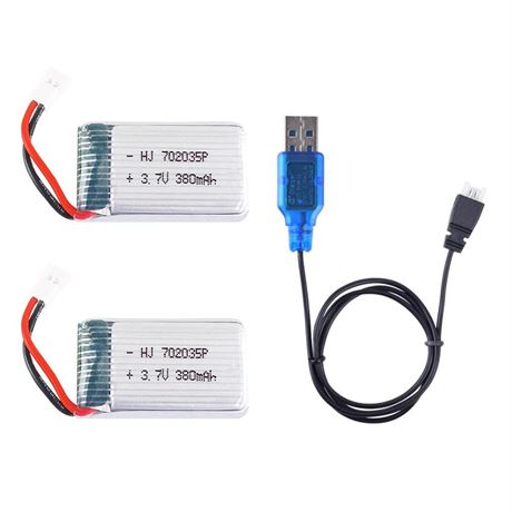 2 Pcs 3.7V 380mAh 20C 702035 Rechargeable Lipo Battery with USB Charger for