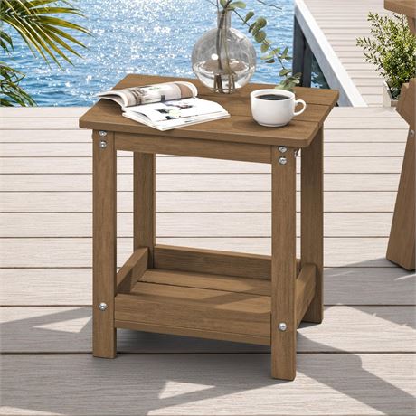 LUE BONA Outdoor Side Table, 2-Tier HDPE Small Outdoor End Table with Rail for