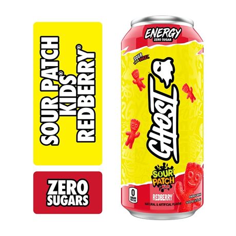 Ghost Zero Sugar Sour Patch Kids Redberry Energy Drink, 200mg Natural Caffeine,
