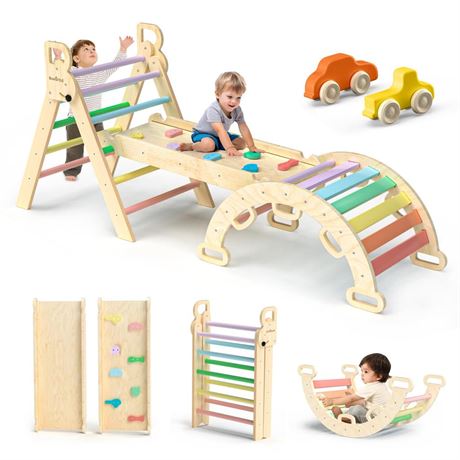 Pikler Triangle Set 7in1 Foldable Baby Climbing Toys Wooden Montessori Climbing