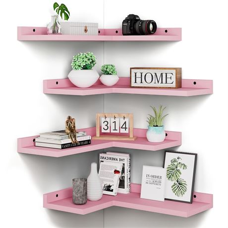 4 Tier Floating Corner Shelves Pink Set of 4, Rustic Pine Wooden Floating