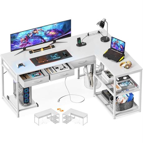 53 Inch L Shaped Computer Desk with Fabric Drawers, Corner Desk with Power