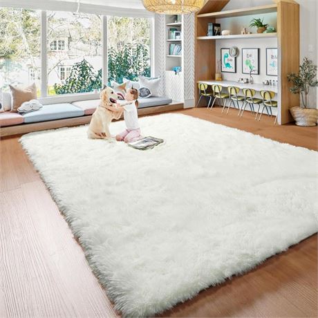 Soft Shaggy Non-Slip Area Rug 6x9 Cream White Fluffy Fuzzy Neutral Rug for