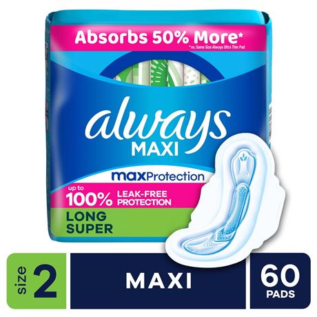 Always Maxi Pads with Wings, Size 2, Long Super, 60 Count