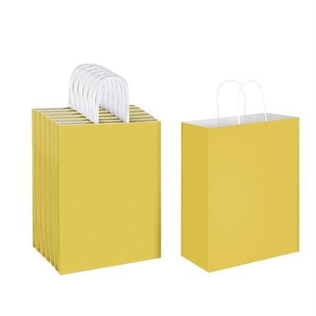 Oikss 50 Pack 10x5x13 Yellow Kraft Paper Bags with Handles Bulk for Birthday