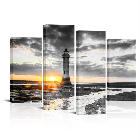 Saypeacher Lighthouse Canvas Wall Art Black and White Beach Wall Art Sunset