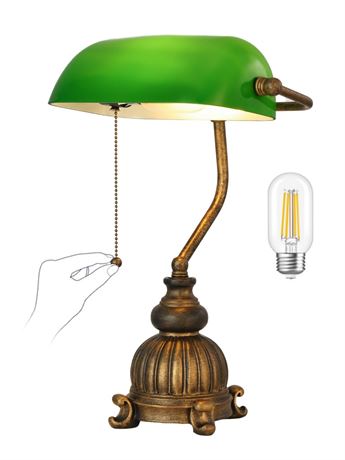 Retro Green Glass Bankers Desk Lamp,LED Bulb Included | Home Office Library